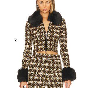 Show Me Your Mumu Zermatt Zip Up in Neutral Geo Jacquard Faux Fur | REVOLVE NWT